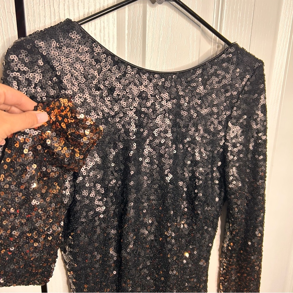 Dress the Population Women’s Black & Gold Ombré Sequin Long Sleeve Mini Dress M - Picture 3 of 6
